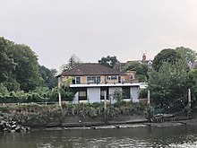 View of The Boathouse, Twickenham and disused mooring from Old Deer Park, Richmond The Boathouse and mooring.jpg