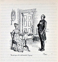 Illustration. La main sur le cœur, Collins déclare son intention de l'épouser à Elizabeth assise avec sa broderie
