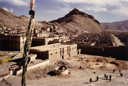 Gyantse met het fort Gyantse op de achtergrond