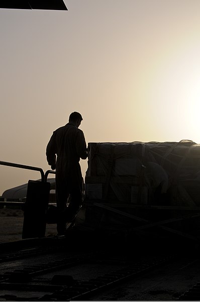 File:U.S. Air Force Staff Sgt. Johnny Bond, a loadmaster with the 737th Expeditionary Airlift Squadron, prepares to load a pallet onto a C-130J Super Hercules aircraft in Southwest Asia June 29, 2014 140629-F-XR107-028.jpg