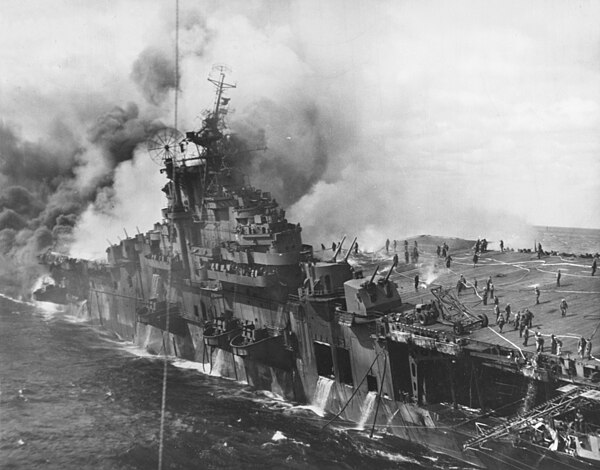 USS Franklin on fire after being struck by two bombs on 19 March 1945