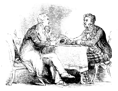 Line drawing illustration. Depicts two men sitting at a table engaged in conversation.