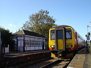Unit 156406 at Aslockton railway station in 2008.jpg