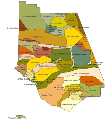 Map of Ventura County with physiographical place names