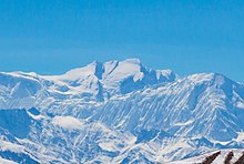 The north face of Annapurna I. The expedition climbed the Dutch Ridge (hidden from view) and climbed around The Sickle seen in the center of the image, staying left before traversing the summit ridge to the high point on the left. View on Annapurna I, sickle centre and Tilicho .jpg