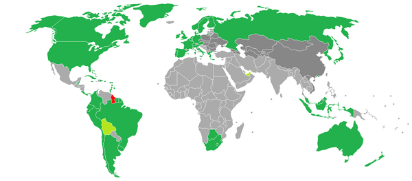 A map showing the visa requirements of Guyana, with countries in green having visa-free access, countries in light green having visa on arrival