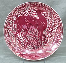 William De Morgan Antelope Charger in red lustreware, decorated by John Pearson (1880s) William De Morgan Antelope Charger in red lustre decorated by John Pearson (cropped).jpg