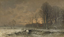 Louis Apol: Winter landscape with sunset between trees (Rijksmuseum). Wintergezicht met ondergaande zon tussen geboomte Rijksmuseum SK-A-4916.jpeg