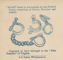 Shackles found at Alexandria by the Federal Army; consisting of chains, bracelets, and anklets that are supposed to have belonged to the "First Families" of Virginia "Jewels" found at Alexandria, by the Federal Army; consisting of chains, bracelets, and anklets. Supposed to have belonged to the "First Families" of Virginia - S.C. Upham, 310 Chestnut St. LCCN2010652102 (cropped).tif