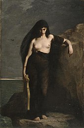 Sappho (1877) by Charles Mengin (1853–1933). One tradition claims that Sappho committed suicide by jumping off the Leucadian cliff.[25]