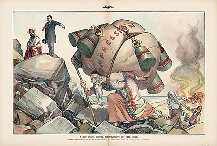 Avril : Pogrom de Kichinev. Caricature de 1904. Les États-Unis au tsar : Arrêtez votre cruelle oppression sur les Juifs.