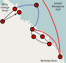 Landing and rescue areas. 1. Initial landing zone near Berkeley River mouth on 15 May 1932; 2. Second landing area; ... 9, Rescued 1932 Kimberley rescue map - detailed.svg