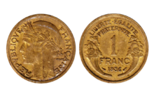 Pièce de 1 franc en bronze-aluminium type Morlon (1936), issue de la réforme Poincaré de 1928.