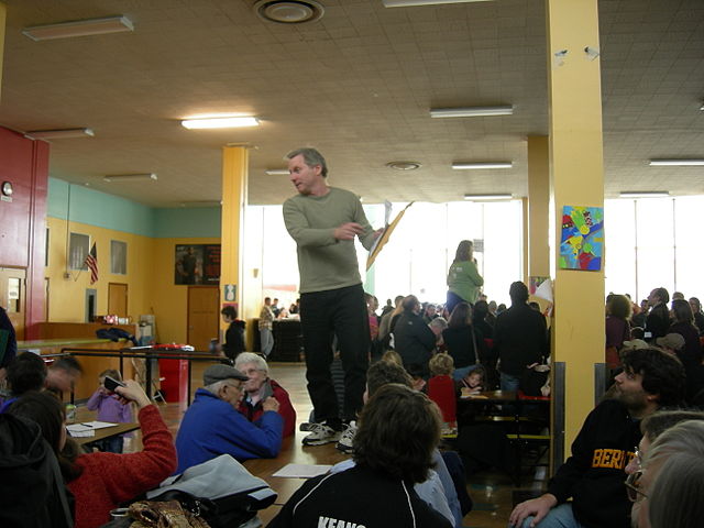Precincts from Washington State's 46th Legislative District caucus in a school lunchroom (2008).