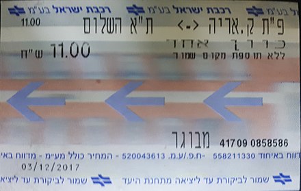 Israel Railways single one-way paper ticket from Petah Tikva Kiryat Arye to Tel Aviv haShalom