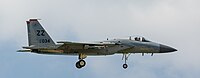 A US Air Force F-15C Eagle, tail number 81-0034, on final approach at Kadena Air Base in Okinawa, Japan. It is assigned to the 67th Fighter Squadron at Kadena AB.