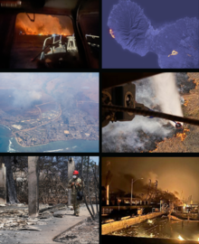 Top: An aerial view of Lahaina shows dozens of structures burned and gutted near the harbor. Bottom: A picture from the harbor at night shows destruction with fires burning in the distance