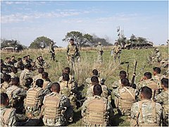 Argentine soldiers receiving instructions before exercise.