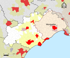 Ubicación de la zona de atracciones de Montpellier en el departamento de Hérault.