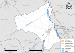 Carte en couleur présentant le réseau hydrographique de la commune