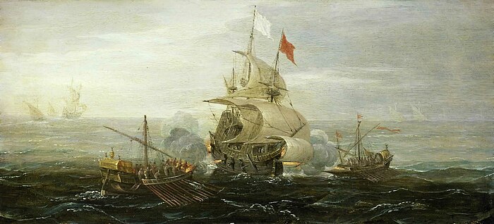 Frans schip aangevallen door Barbarijse piraten.