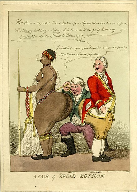 A caricature of Saartjie Baartman, Lord Grenville, and Richard Brinsley Sheridan by William Heath
