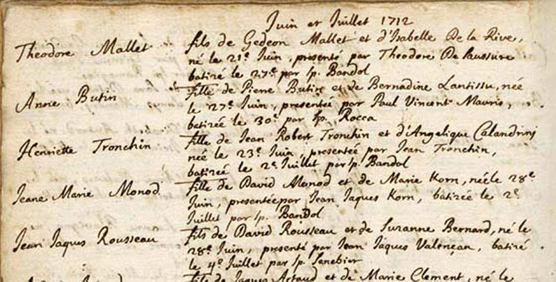 Fichier:Acte de baptême Jean-Jacques Rousseau (1712).jpg