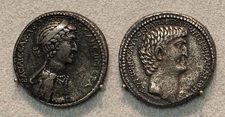A tetradrachm of Marcus Antonius and Cleopatra VII of Ptolemaic Egypt