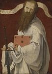 Attributed to Lucas van Leyden. Saint Paul circa 1520 date QS:P,+1520-00-00T00:00:00Z/9,P1480,Q5727902 . oil on panelmedium QS:P186,Q296955;P186,Q106857709,P518,Q861259. 33 × 24.1 cm (12.9 × 9.4 in). New Haven, Yale University Art Gallery.