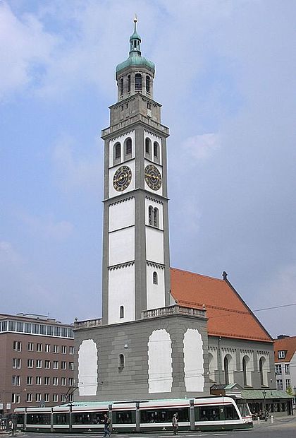 Perlachturm with St. Peter by Perlach Augsburg-Perlachkirche.jpg