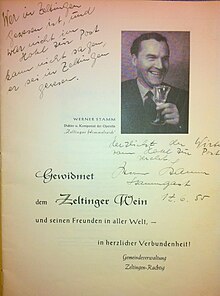 Excerpt from the guest book Hotel Nicolay zur Post composer Werner Stamm.  for the premiere of the Zeltinger Himmelreich operetta 1955.JPG