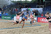 Deutsch: Beachhandball Europameisterschaften 2019 (Beach handball Euro); Tag 5: 6. Juli 2019 – Frauen, Platzierungsspiel für die Ränge 17–20, Nordmazedonien-Slowenien 0:2 (10:13, 9:15) English: Beach handball Euro; Day 5: 6 July 2019 – Placement Match/Cross Match for rank 17–20 Women – North Macedonia-Slovenia 0:2 (10:13, 9:15)