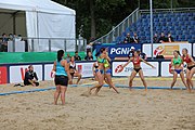 Deutsch: Beachhandball Europameisterschaften 2019 (Beach handball Euro); Tag 2: 3. Juli 2019 – Frauen, Vorrunde Gruppe D, Ukraine-Deutschland 2:0 (23:22, 32:24) English: Beach handball Euro; Day 2: 3 July 2019 – Women Preliminary Round Group D – Ukraine-Germany 2:0 (23:22, 32:24)