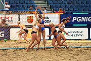 Deutsch: Beachhandball Europameisterschaften 2019 (Beach handball Euro); Tag 5: 6. Juli 2019 – Frauen, Halbfinale, Ungarn-Niederlande 2:0 (19:16, 15:12) English: Beach handball Euro; Day 5: 6 July 2019 – Semifinal Women – Hungary-Netherlands 2:0 (19:16, 15:12)