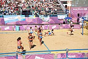 Deutsch: Beachhandball bei den Olympischen Jugendspielen 2018; Tag 3, 9. Oktober 2018; Mädchen, Vorrunde, Gruppe A - Chinese Taipei (Taiwan)-Mauritius 2:0 English: Beach handball at the 2018 Summer Youth Olympics at 9 October 2018 – Girls Preliminary Round Group A‎ – Chinese Taipei-Mauritius 2:0