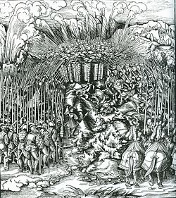 Behamisch facht (Bohemian battle) from the Weisskunig, Woodcut 175, depicting the Battle of Wenzenbach, one of the last knights' battles (1504), which was won by Maximilian and his ally Albert the Wise. In this battle, Maximilian was dragged from his horse by halberds, but rescued from being butchered by Erich von Braunschweig. Behamisch facht.jpg