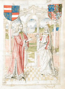 Maximilian bietet Maria von Burgund einen Verlobungsring an. Miniatur in einer mittelalterlichen Manuskript der Excellente Chronicke van Vlaanderen von Anthonis de Roovere. Ca. 1485–1515. (Openbare Bibliotheek Brugge Ms. 437)