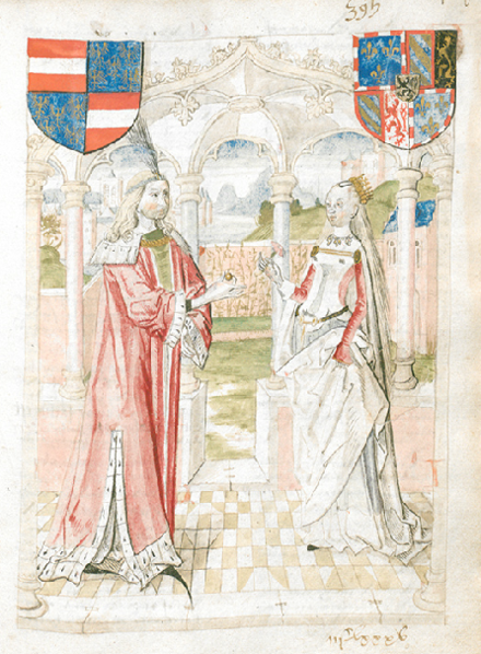 Maximilian offers Mary of Burgundy an engagement ring. Miniature in a medieval manuscript copy of the Excellent Chronicle of Flanders by Anthonis de Roovere. Ca. 1485–1515. (Bruges Public Library Ms. 437)[40]