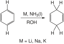 Balans van de reductie van Birch;  reagens: benzeen;  product: cyclohexa-1,4-dieen