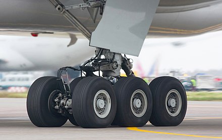 The six-wheel undercarriage of a Boeing 777