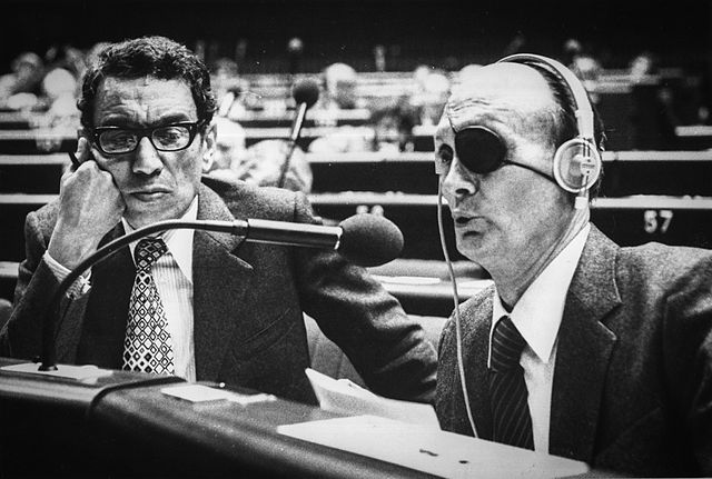 Boutros-Ghali (left) and Moshe Dayan at the Council of Europe in Strasbourg, 1979