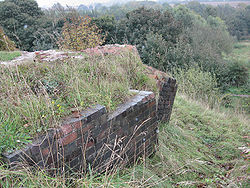 Brackley Viaduct - all that remained in October 2008, showing the springing of the northernmost arch. Brackley Viaduct Remains, October 2008.jpg