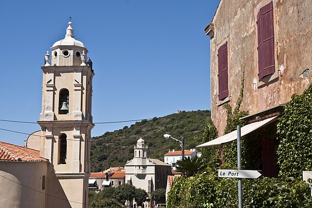 Street in Cargèse (Karyes), Corsica (founded by Maniot refugees), with a Greek church in the background