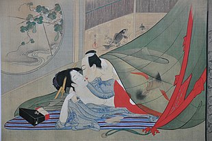Concours de plaisirs des quatre saisons : l'été, peinture sur soie shunga de Chōbunsai Eishi.