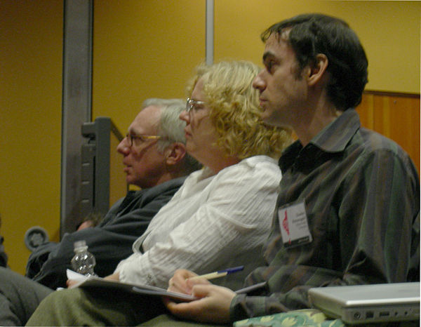 Music journalists (from left to right) Robert Christgau and Ann Powers and musicology professor Charles Kronengolm at the 2007 Pop Conference at Seatt