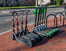 Motorized scooters parked for use in Columbus, Ohio Columbus electric scooters.jpg