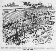 Sketch showing work being done on the foundation for the dam.