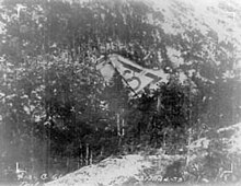 Official US Air Force accident incident photo of the 18 March 1953 RB-36H crash. The picture shows the detached remains of the fin and upper part of the rudder of the RB-36. Crash 3-15-53.jpg