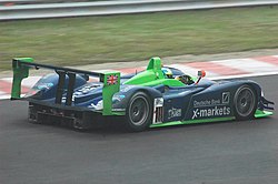 A rear view of the Nissan-powered SP1, which features slightly modified bodywork to include inlet ducts on the rear fenders for the turbochargers. Dallara SP1.jpg