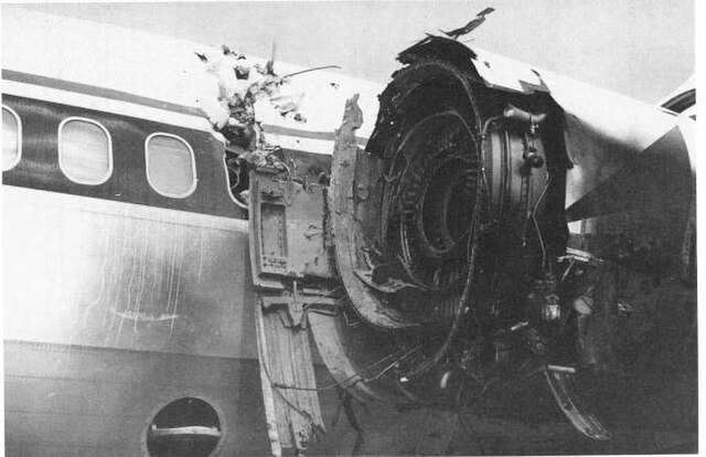 The engine of Delta Air Lines Flight 1288 after it experienced catastrophic uncontained compressor rotor failure in 1996.